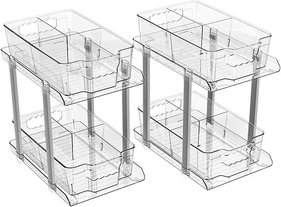 Two sets of transparent, stackable storage bins with pull-out drawers are shown, perfect for Tuesday Deals. Each set features two levels supported by vertical rods, ideal for organizing various items while keeping them visible.