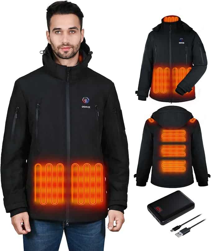 A man sports a black heated jacket with orange glowing elements on the front and back, highlighting its warming prowess, perfect for Monday Deals. Additional images provide close-ups of the jacket's heating zones and a portable battery with a USB charger.