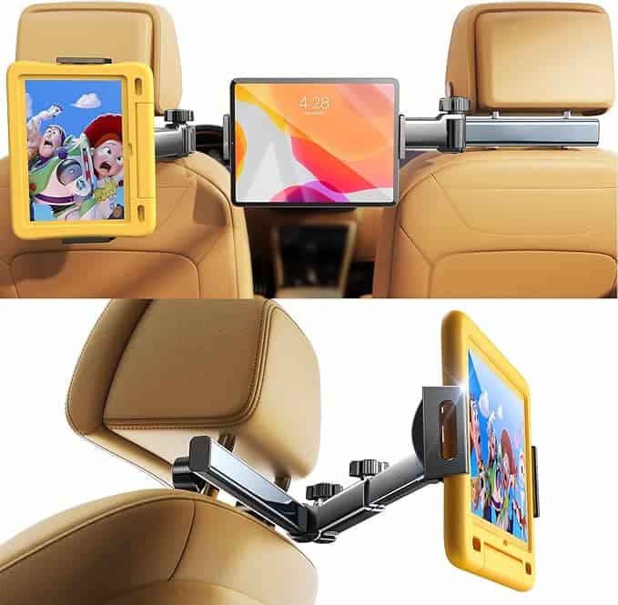 A car seat headrest tablet holder showcased in two views. Securely attached between beige car seats, it displays a tablet with a cartoon on the left and a blank screen on the right. Featuring adjustable arms and knobs, this practical accessory is perfect for Tuesday Deals shoppers seeking convenience.