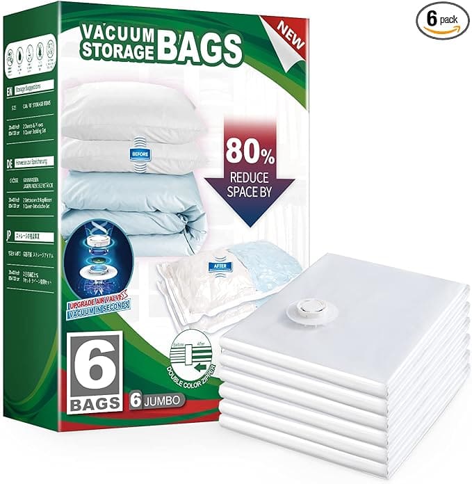 The packaging of vacuum storage bags highlights Wednesday Deals, showcasing images of tightly compressed bedding and boasting an impressive 80% space reduction. The box is labeled as a 6-pack of jumbo-sized bags.