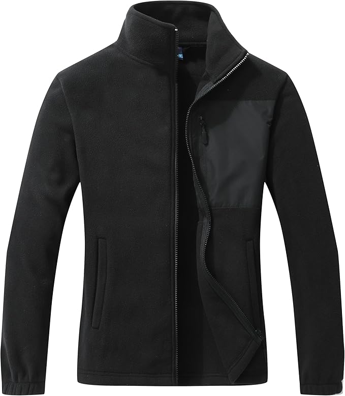 Discover the perfect blend of style and functionality with our black fleece jacket, available in this week's exclusive Wednesday Deals. It features a high collar, full-length zipper, two side pockets, and a sleek chest pocket with glossy material to keep you warm and chic.