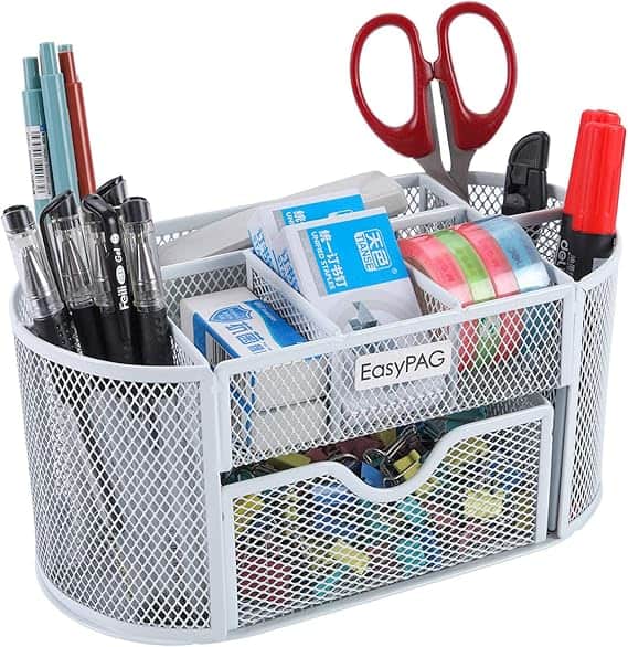 A metal mesh desk organizer brimming with office essentials like pens, markers, and sticky notes, perfect for keeping your workspace tidy. With multiple compartments and a small drawer, it's an ideal buy for Thursday Deals seekers looking to upgrade their office setup.