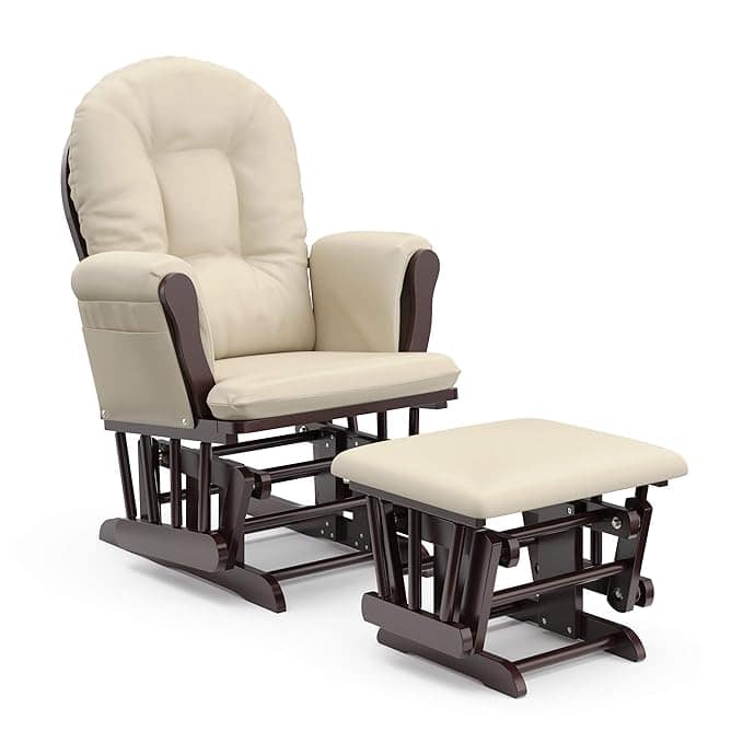 A cream-colored glider chair with padded armrests and backrest, paired with a matching footstool. Both pieces boast dark wooden frames and promise comfort and relaxation—perfect for enjoying Monday Deals in style.