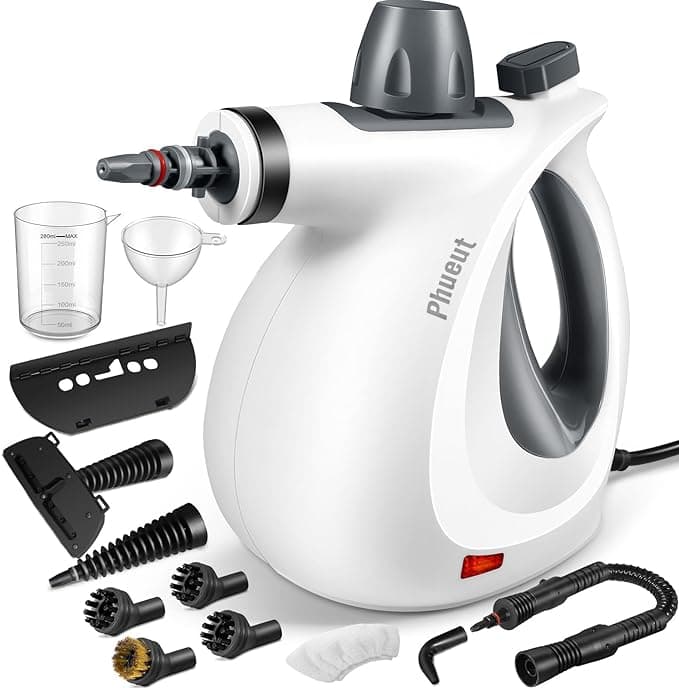 Discover amazing Tuesday Deals on a white handheld steam cleaner with a black nozzle. It features multiple detachable attachments, including brushes, a measuring cup, and a funnel, all elegantly arranged around the unit on a pristine white background.