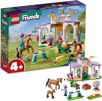 The LEGO Friends Horse Training playset features a colorful box design with children and horses in a training area. Perfect for ages 4 and up, this set includes mini-figures, horses, and various accessories. With 134 pieces displayed boldly, it’s perfect for Monday Deals shopping sprees!