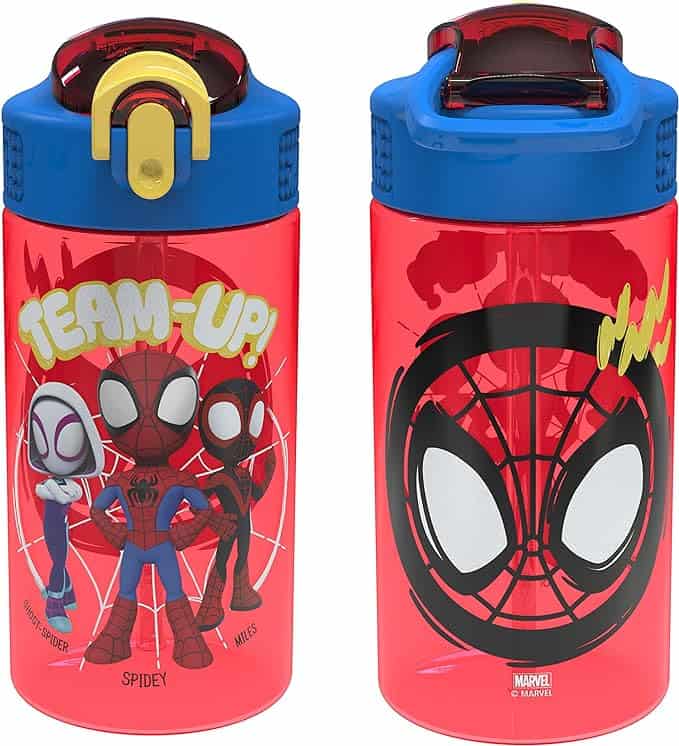 Discover amazing Wednesday Deals on these two red water bottles with a Marvel's Spider-Man theme. The first bottle showcases cartoon versions of Spider-Man characters with "Team-Up!" text, while the second highlights a large Spider-Man face design. Both feature blue lids with a yellow latch.