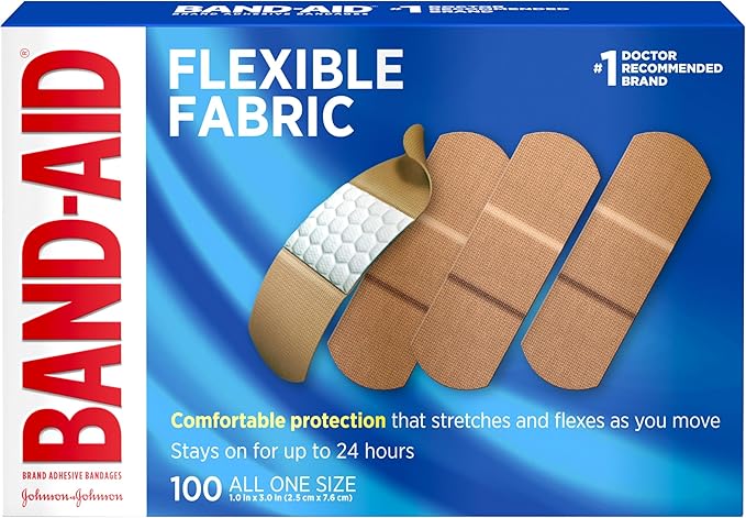 Band-Aid Flexible Fabric box with 100 adhesive bandages is perfect for your first aid needs. The image showcases three open bandages, emphasizing their flexibility and comfort, stretching to stay on for up to 24 hours. It's a doctor-recommended brand and available now in our special Wednesday Deals!