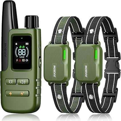 Discover our exclusive Wednesday Deals featuring a green remote control with an antenna and display screen labeled "JUGBOW," paired with two green and black adjustable collars. Designed for training purposes, these collars include LED indicators to enhance your pet's learning experience.