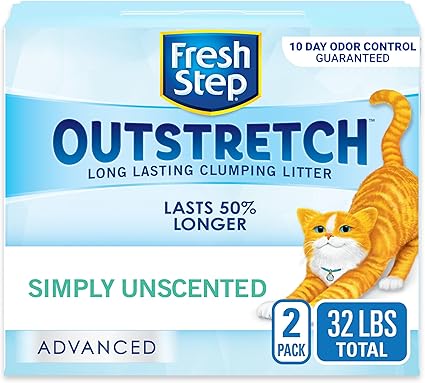 Packaging of Fresh Step Outstretch cat litter showcases a cartoon orange cat stretching. Text highlights "Simply Unscented," "Lasts 50% Longer," and claims "10 Day Odor Control Guaranteed." The 32 lbs package includes 2 packs, perfect for those looking to snag some Monday Deals.