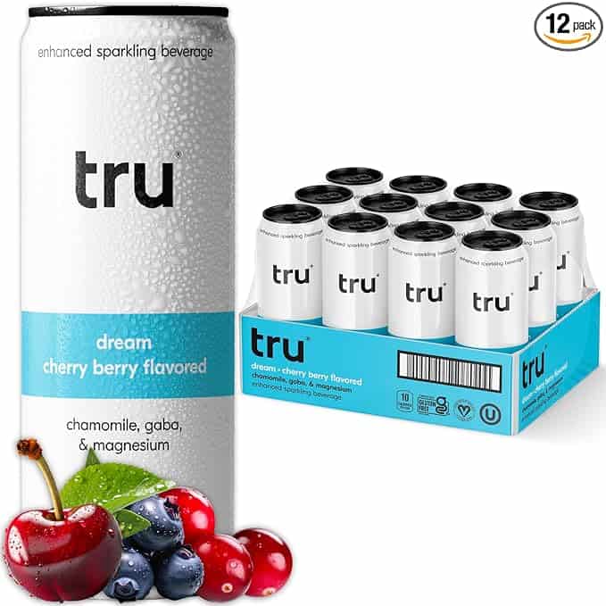 A can and a 12-pack box of "tru" sparkling beverage, cherry berry flavored, are perfect for those Thursday Deals. The can showcases cherries and berries alongside relaxing ingredients like chamomile, gaba, and magnesium.