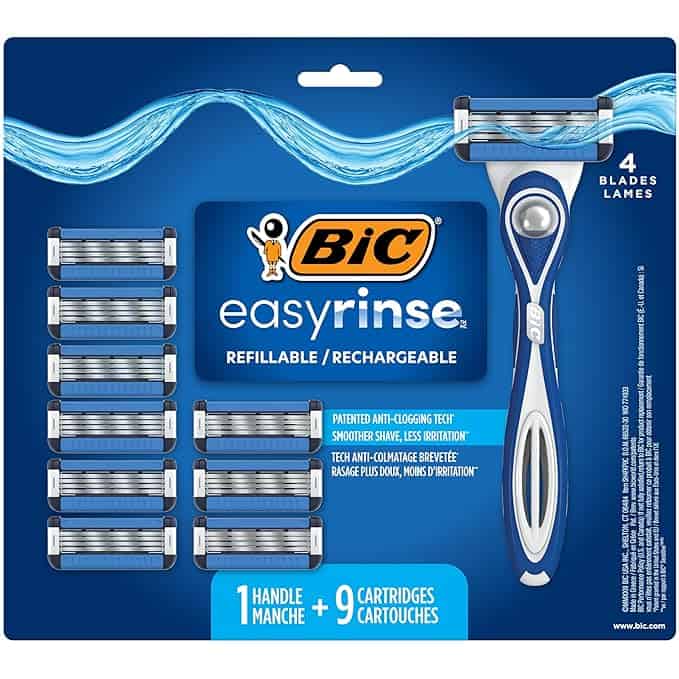 An image of a BIC easy rinse razor set, perfect for Wednesday Deals, featuring 1 handle and 9 refill cartridges. The packaging highlights anti-clogging technology for a smoother shave. It is blue with a water design and the BIC logo prominently displayed at the top.