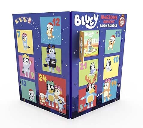 Discover the Bluey Awesome Advent Book Bundle, an enchanting calendar featuring colorful illustrations of animated dog characters on a blue background. With 24 winter-themed doors to open, it's a delightful countdown. Grab yours during Monday Deals for an added festive spirit!