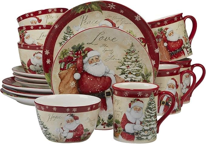 A festive dinnerware set perfect for Tuesday Deals, featuring plates, bowls, and mugs adorned with Santa Claus, Christmas trees, and words like "Peace," "Love," and "Hope." The set showcases a red and white color scheme with delightful snowflake accents.