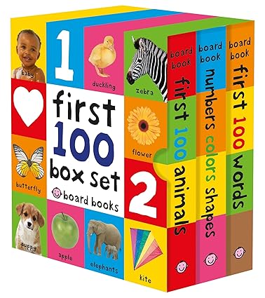 Discover a vibrant box set of children's board books, perfect for little learners. "First 100 Box Set" includes "First 100 Animals," "Numbers Colors Shapes," and "First 100 Words." Snag it during our Wednesday Deals for colorful savings on delightful educational adventures.