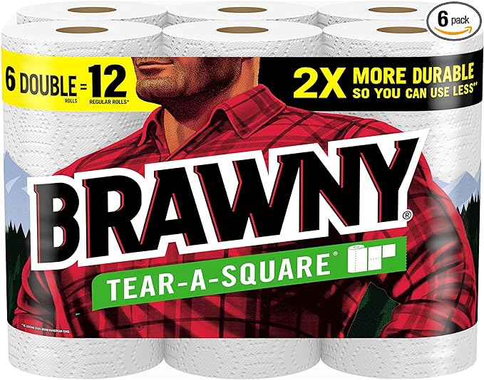 Discover our Thursday Deals on the Brawny Tear-A-Square 6-pack paper towels. The label, featuring a man in a red plaid shirt, proudly claims these towels are "2X More Durable," with each double roll equaling two regular ones. Grab this durable and stylish solution while the deal lasts!