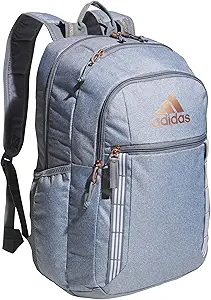 A light gray Adidas backpack with multiple compartments and adjustable straps, perfect for Monday Deals. The bag boasts the iconic Adidas logo in gold on the front pocket, complete with side pockets and a zipper closure.