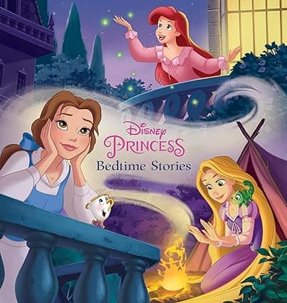 Illustration of Disney princesses: Belle and Chip on a balcony, Ariel in pink on another balcony, and Rapunzel with Pascal near a candle. They are surrounded by trees and a starry night sky. Text reads "Disney Princess Bedtime Stories." Don't miss our magical Thursday Deals!