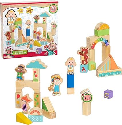 Discover the Tuesday Deals on this vibrant 30-piece wooden block set featuring an array of stacking blocks and character pieces, displayed beautifully in and out of packaging. The blocks are adorned with letters, numbers, and delightful designs.