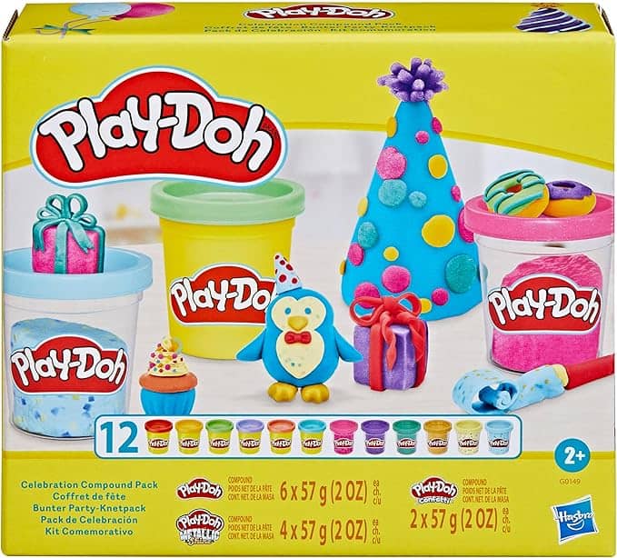 Discover the colorful Play-Doh celebration pack, perfect for Tuesday Deals! This festive box features creations like a penguin and party hat, with 12 cans of vibrant dough. Adorned with lively imagery, it’s ideal for ages 2 and up to unleash their imagination.