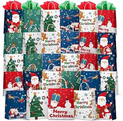 Discover our Thursday Deals: a collection of festive Christmas gift bags in red, green, and blue, featuring Santa Claus, Christmas trees, snowmen, and gingerbread men, all with the cheerful message "Merry Christmas.