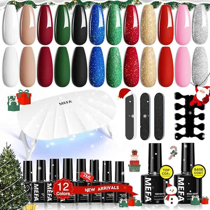 Experience the magic of Wednesday Deals with this festive nail polish set, featuring 18 colors from solids to glitters. It includes a UV lamp, nail files, separators, base and top coat. Adorned with Christmas decorations like ornaments, candy canes, and gift boxes for a holiday treat.