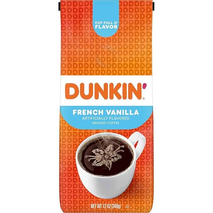 Bag of Dunkin' French Vanilla ground coffee, perfect for your Thursday Deals haul. The orange package boasts "DUNKIN'" in bold white and pink letters, featuring a white coffee cup with steaming brew. Note its 12 oz (340g) weight and the "artificially flavored" text.