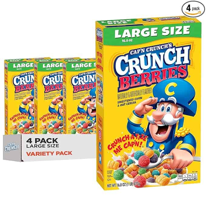 The image shows a 4-pack variety box of Cap'n Crunch's Crunch Berries cereal, perfect for snagging on Tuesday Deals. The front features the Cap'n mascot and vibrant berry-shaped cereal pieces. The "Large Size" package weighs in at 16.8 oz per box.