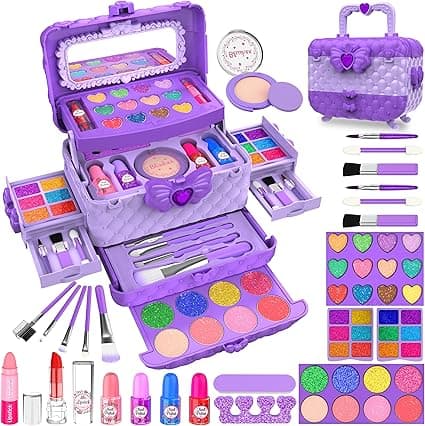 Discover vibrant allure with our colorful makeup kit in a purple case, perfect for special Wednesday Deals. This treasure trove includes eyeshadows, blush, lipstick, nail polish, and more—adorned with hearts and sparkles—for your ultimate beauty experience.