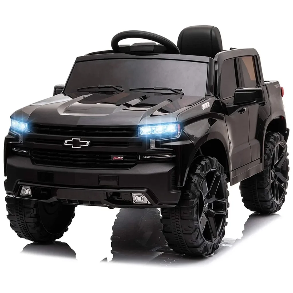 Discover unbeatable Wednesday Deals on a sleek black toy ride-on electric truck, expertly crafted to resemble a Chevrolet. Featuring LED headlights, rugged tires, and a realistic steering wheel, it's the ultimate choice for little adventurers seeking thrills on their journeys.