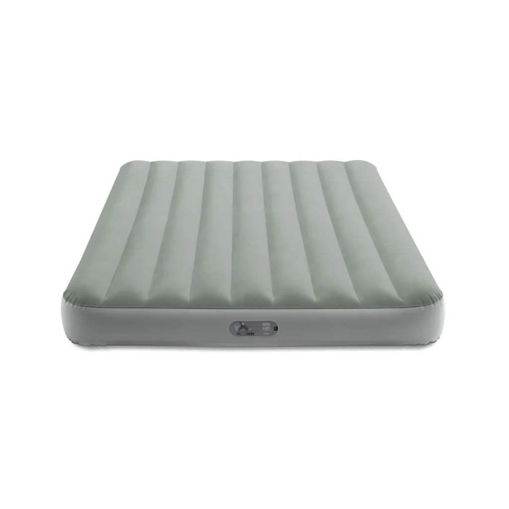 A green inflatable air mattress with vertical ridges and a built-in pump is shown from the front, fully inflated with the pump visible at the bottom center. Perfect for Tuesday Deals, this mattress promises comfort and convenience.