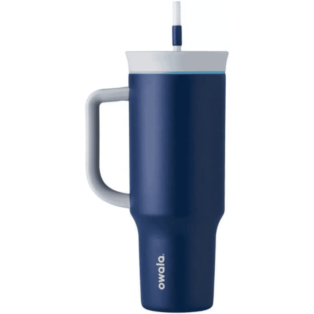 A tall, dark blue insulated travel mug with a gray handle and lid featuring a white and blue straw. The brand "owala" is written in white near the base, boasting a sleek, modern design. Perfect for those seeking style and functionality during Thursday Deals.