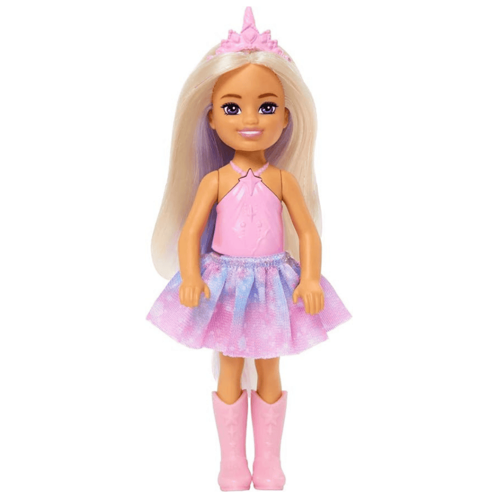 This delightful doll, perfect for Monday Deals, features long blonde hair adorned with a pink unicorn headband. She wears a pink sleeveless top and a pastel pink and blue skirt complemented by chic pink boots, all while sporting a charming smile.