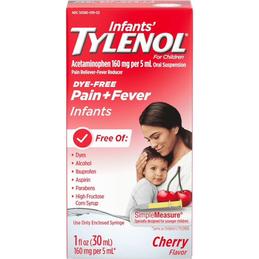 The image shows a box of Infants' Tylenol with cherry flavor. It's dye-free and for children, containing 160 mg per 5 mL of acetaminophen. The box indicates it's free of dyes, alcohol, ibuprofen, aspirin, parabens, and high fructose corn syrup—perfect for snagging on Wednesday Deals!