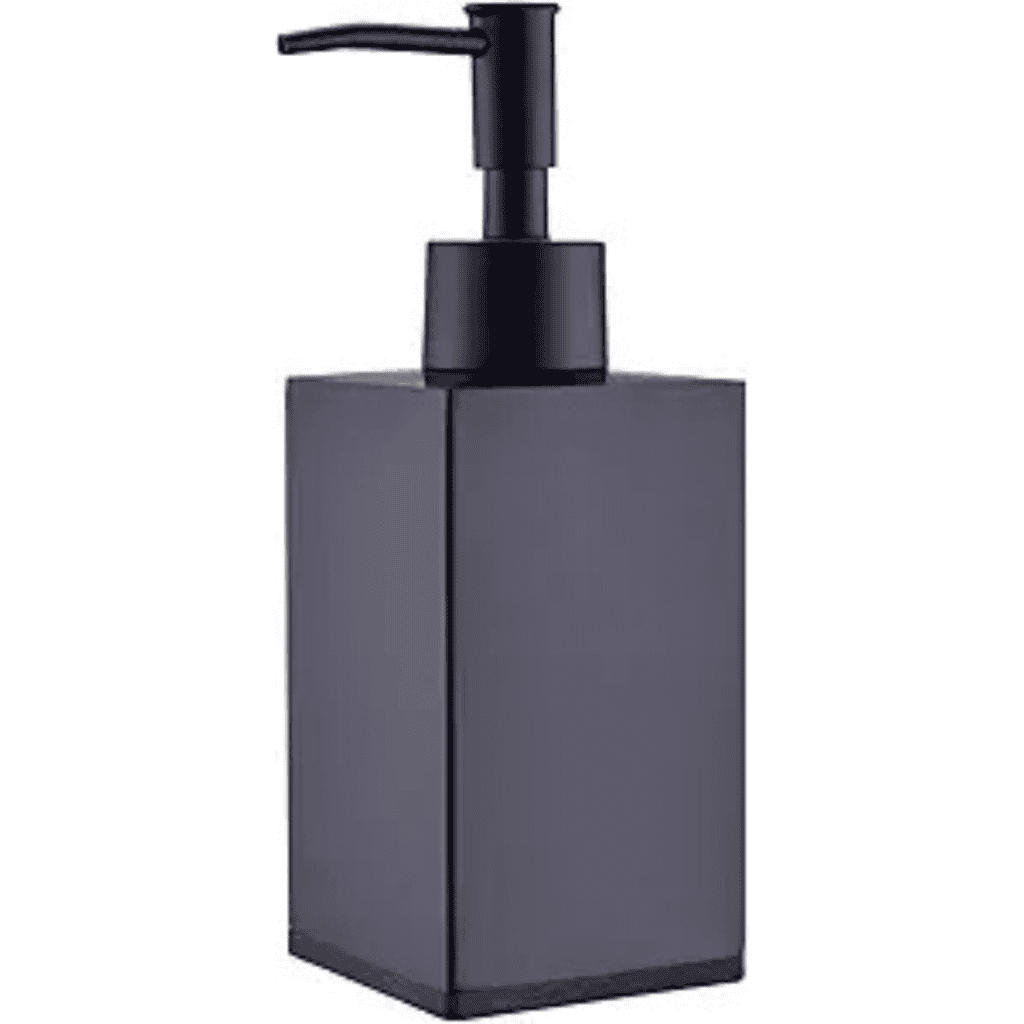 A sleek, rectangular black soap dispenser with a pump top. The minimalist design features a matte finish and a simple, modern shape, perfect for contemporary bathroom or kitchen spaces. Don't miss out on Thursday Deals to enhance your home with this elegant touch.