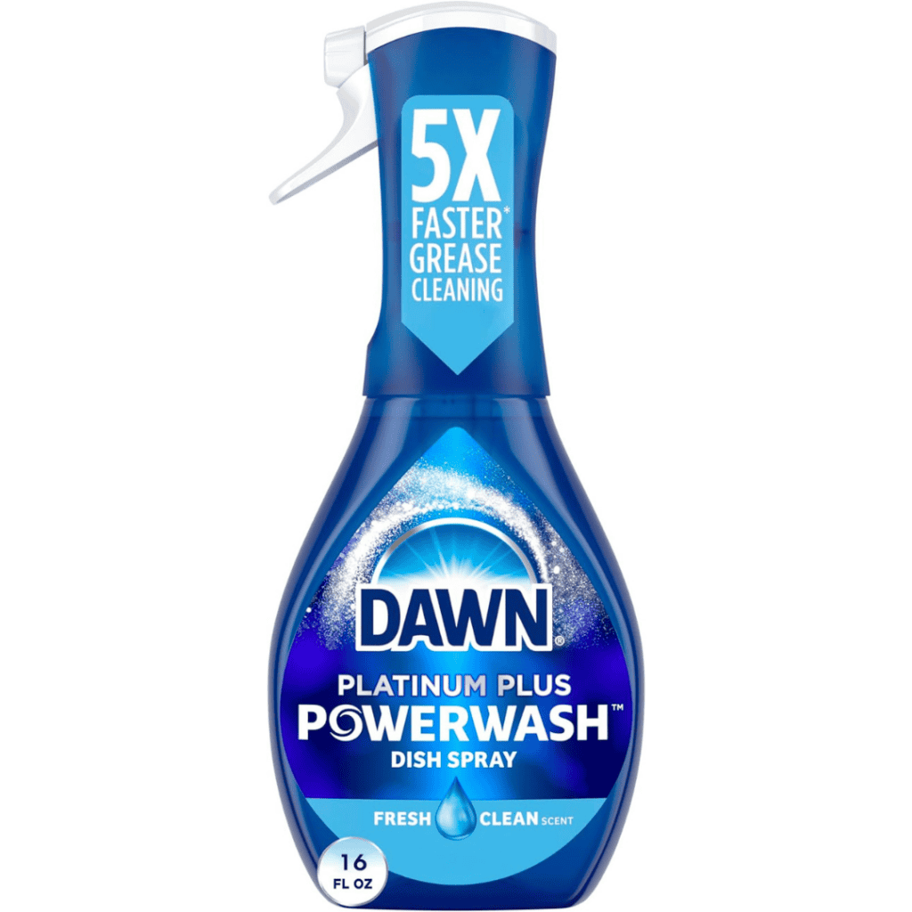 This 16 fl oz bottle of Dawn Platinum Plus Powerwash Dish Spray features a sleek blue design with a label promising "5X Faster Grease Cleaning" and a "Fresh Clean Scent." Perfect for those exclusive Thursday Deals shoppers seeking efficiency in their kitchen cleaning routine.