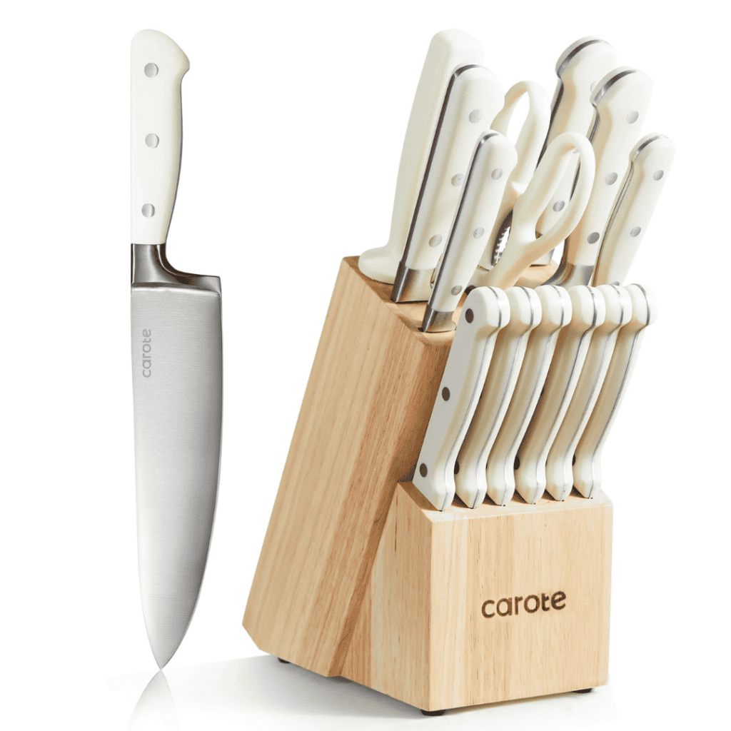 A set of Carote kitchen knives with off-white handles showcased in a wooden knife block, available as part of Thursday Deals. One chef knife is displayed separately on the left, while the knife block features different types of knives neatly organized.