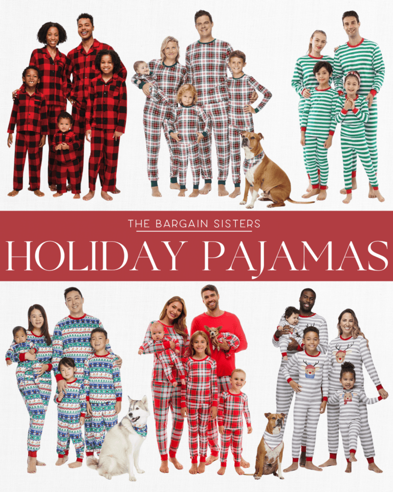 Families and couples don matching stylish pajamas in plaid and striped patterns, posing with their pets. Text reads: "The Bargain Sisters Holiday Pajamas.