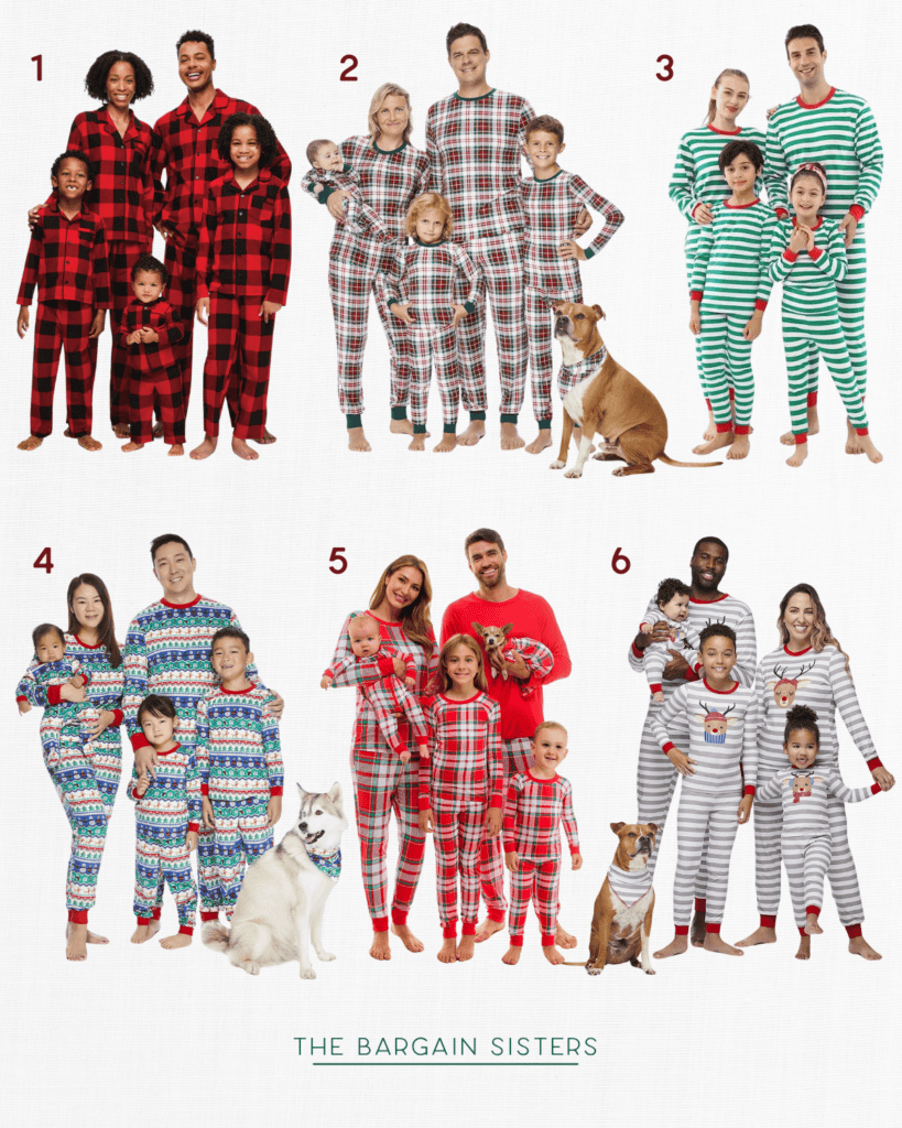 Six diverse families, stylishly clad in holiday pajamas, showcase six unique styles. With adults, children, and even pets joining the festive lineup, they create a heartwarming scene. From plaid to striped designs with holiday motifs, each family strikes a joyful pose in their matching attire.