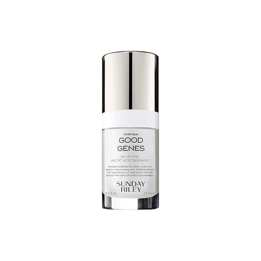 A bottle of Sunday Riley Good Genes All-In-One Lactic Acid Treatment, perfect for scoring Friday Deals. This 15ml white bottle with a metallic silver cap showcases product details in sleek black text, offering you a touch of luxury every day.