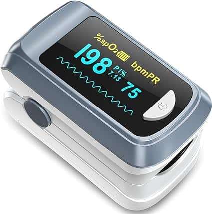 A digital pulse oximeter, perfect for Friday Deals, displays a blood oxygen saturation of 98% and a pulse rate of 75 bpm on its screen. The device is compact, featuring a large, clear display.