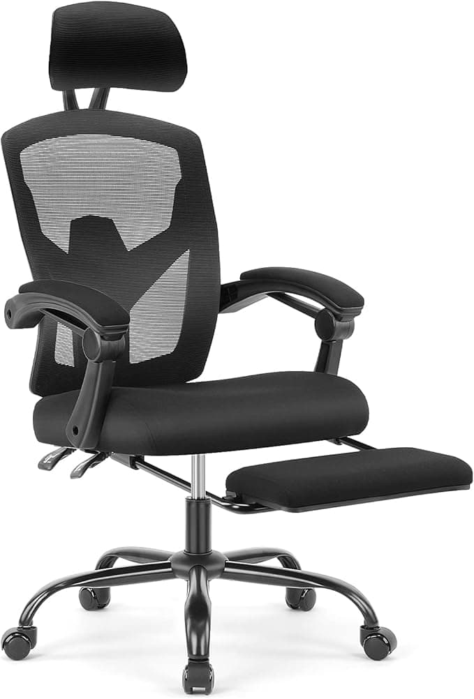 A black ergonomic office chair with a mesh backrest, adjustable headrest, and padded armrests awaits you in our Friday Deals. Featuring a retractable footrest and a swivel base with five wheels for easy mobility, this chair combines comfort and versatility at an unbeatable price.