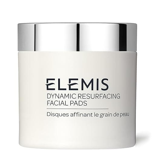 A sleek white jar with a silver lid, labeled "Elemis Dynamic Resurfacing Facial Pads" and "Disques affinant le grain de peau," sits ready to elevate your skincare routine. Don't miss out on exclusive Friday Deals to grab this beauty essential.