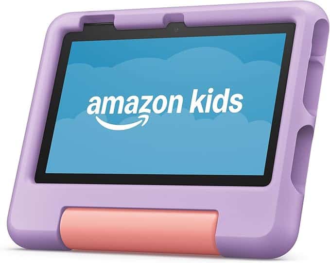 A tablet with a purple protective case, featuring the "Amazon Kids" logo on its screen, is part of our exciting Friday Deals. The case includes a pink built-in stand and offers robust protection perfect for kids.