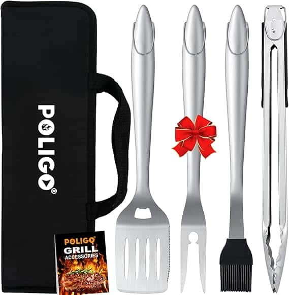 Discover sizzling Friday Deals with this BBQ tool set, featuring a stainless steel spatula, fork, basting brush, and tongs. Complete with a black carrying case emblazoned with "POLIGO" and a charming red bow on the fork. Includes a handy grill accessory booklet.