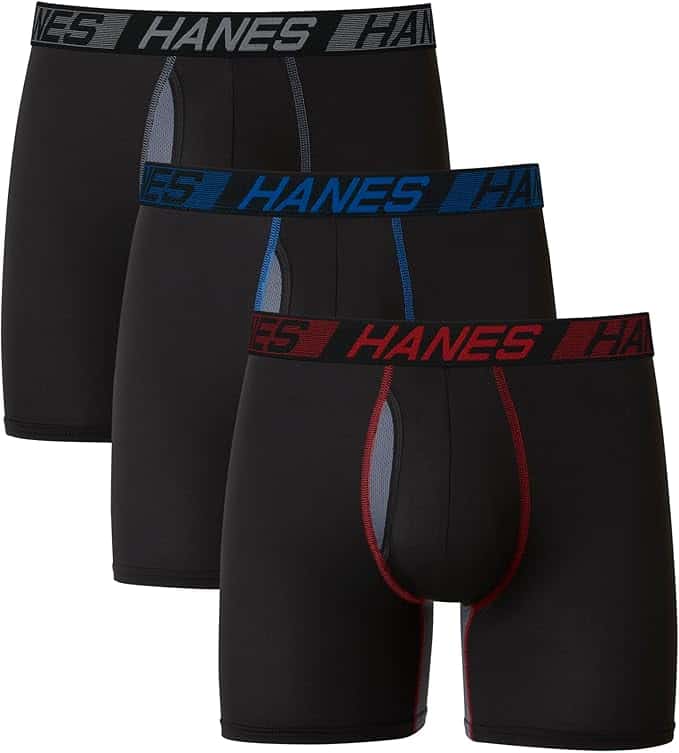 Three pairs of men's boxer briefs are showcased in black with colored waistbands: gray, blue, and red. Each pair sports the "HANES" logo on the waistband. Perfect for snagging during Friday Deals, offering style and comfort at an unbeatable price.