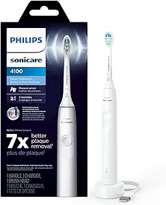 Explore our Friday Deals and discover the Philips Sonicare 4100 electric toothbrush, complete with a charging stand and packaging. The box boasts features such as "7x better plaque removal," along with a pressure sensor and brush head replacement reminder.