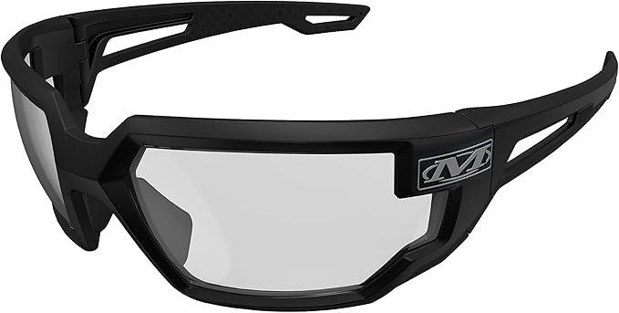 Black wraparound safety glasses with clear lenses and a robust frame design, featuring side ventilation and reinforced corners. The left arm displays a stylized logo in white on a dark background. Perfect for seizing those Friday Deals on protective gear.