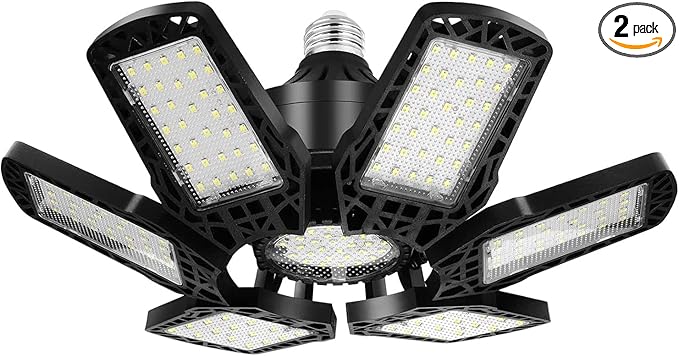 A black LED garage light with a multi-panel design. Six adjustable panels with LED bulbs form a flower-like pattern, exuding modern practicality. Highlighted for its sleek look, this 2 pack is perfect for illuminating your space. Don't miss out on these incredible Friday Deals!