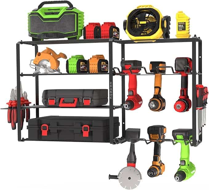 A wall-mounted metal shelf showcasing tools and equipment, including cordless drills, a circular saw, batteries, a fan, and a toolbox. These tools are securely arranged and easily accessible—perfect for those seeking smart storage solutions or hunting for Friday Deals.