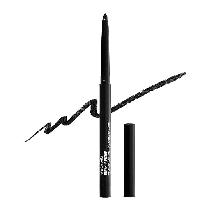 A black eyeliner pencil with the cap off, revealing its precise tip, awaits your artistry. Set against a pristine white background, a sleek black line beside it showcases its rich color and smooth texture. Don't miss out on fabulous Friday Deals to make this must-have yours!